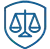 Blue scales of justice inside a shield logo.